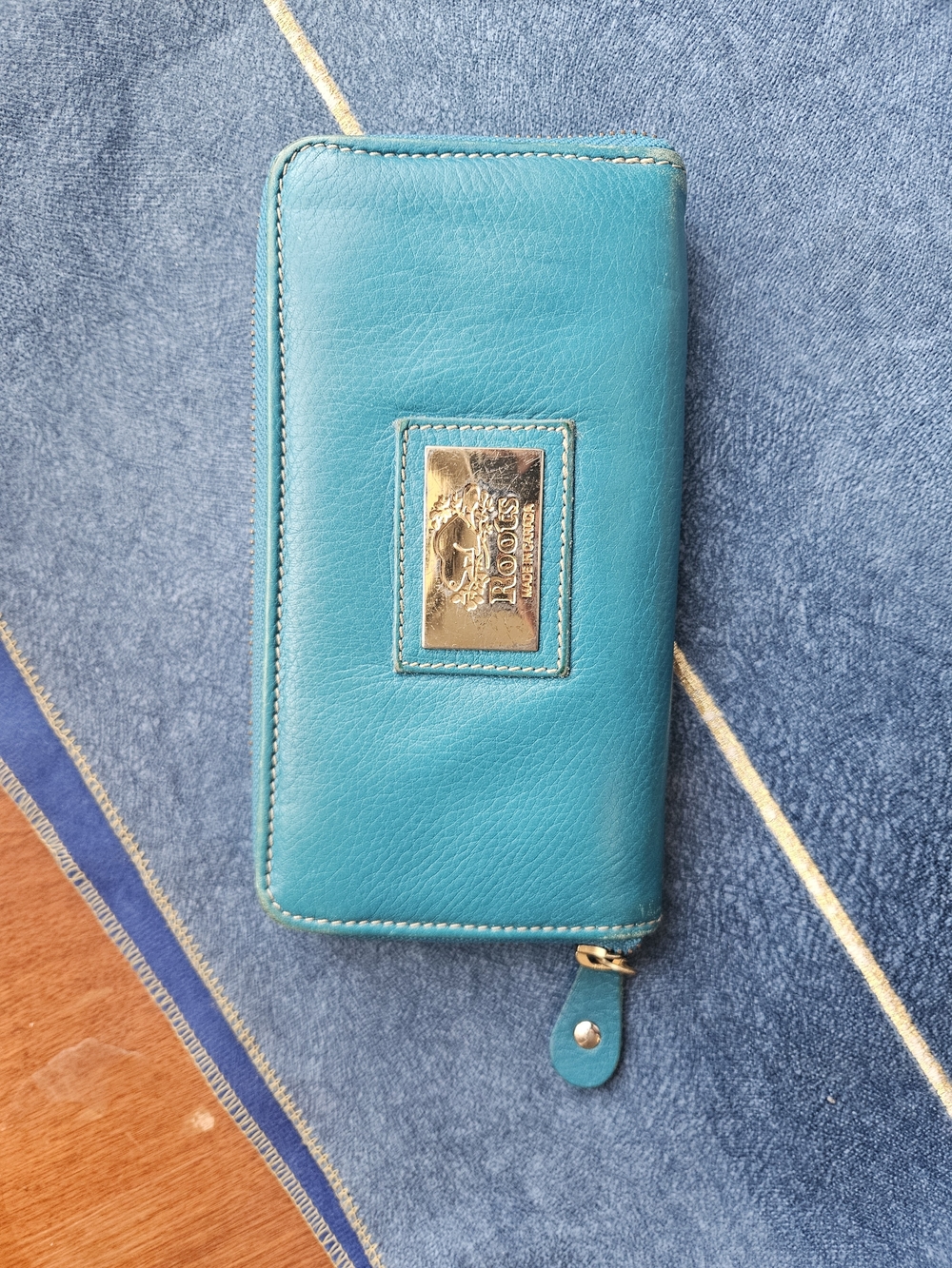 Roots Teal Zip-Around Leather Wallet